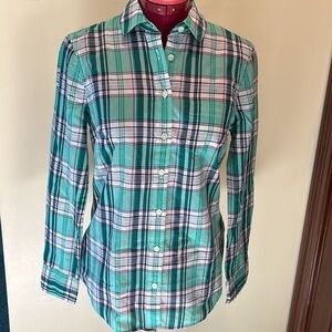 J. Crew  button down shirt Cotton Plaid green white blue long sleeve  Sz XS  NWT